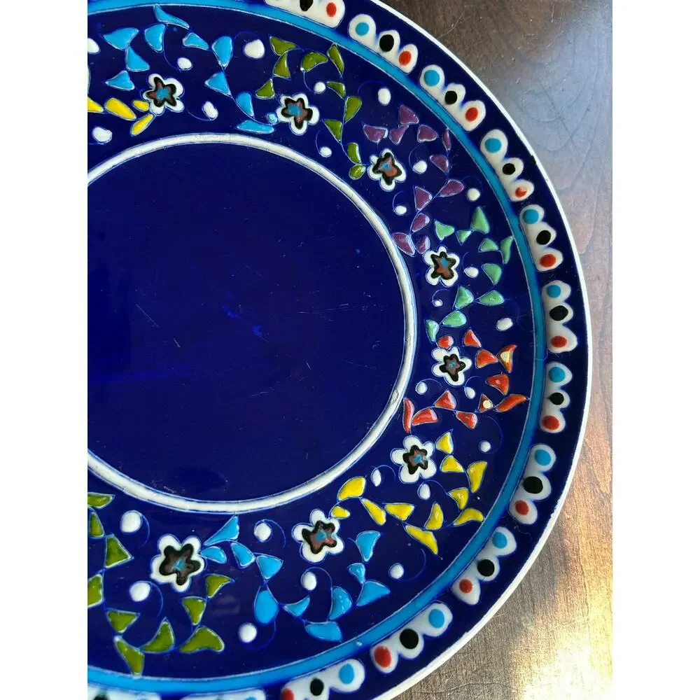 Handcrafted Turkish Kütahya ceramic decorative plate cobalt blue raised floral